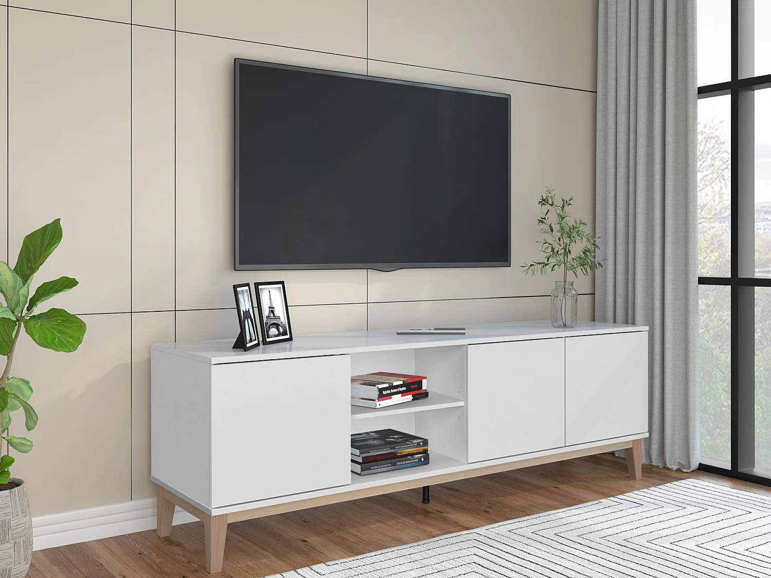 Pelle | Meuble TV avec 3 portes en MDF blanc