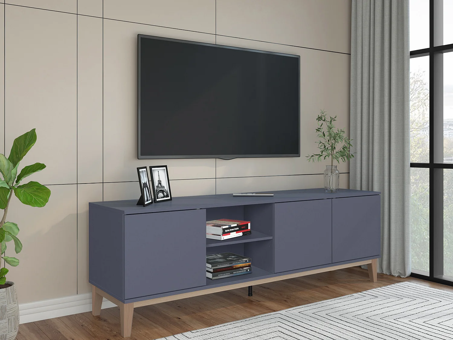 Pelle | Meuble TV avec 3 portes en MDF gris