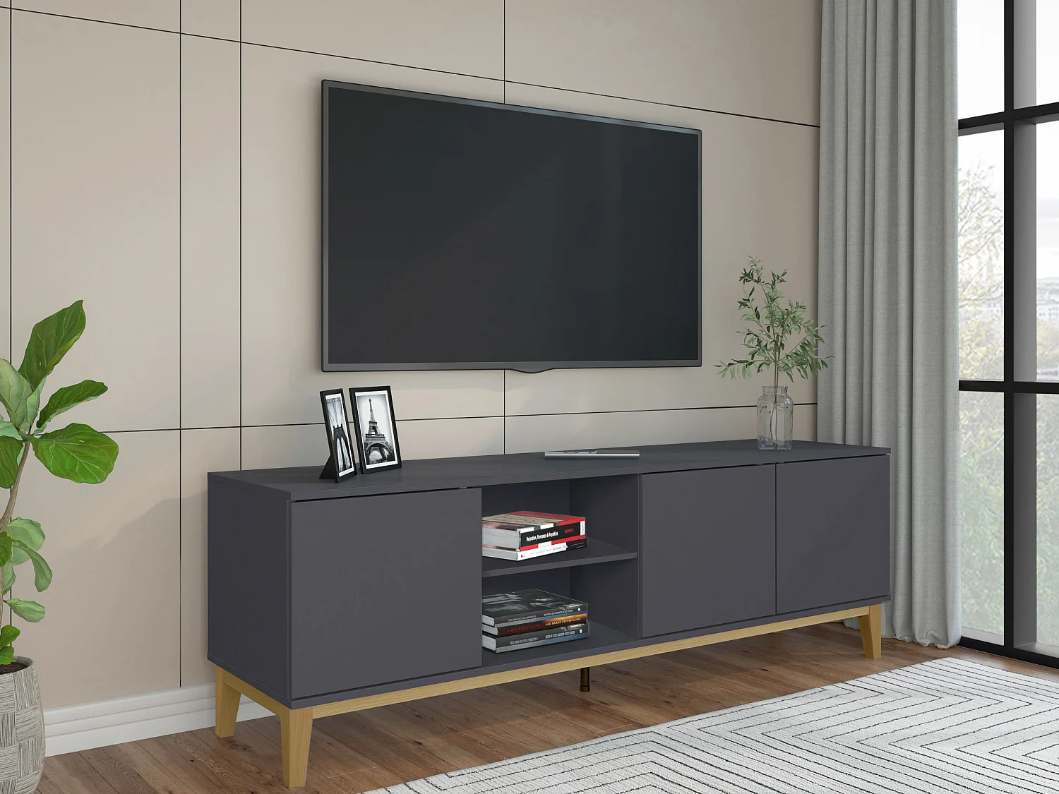 Pelle | Meuble TV avec 3 portes en MDF gris