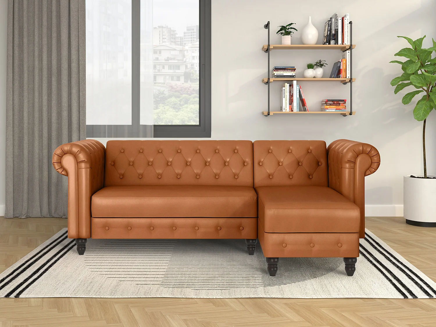 Felix | Canapé-lit 3 places avec chaise longue en PU cognac