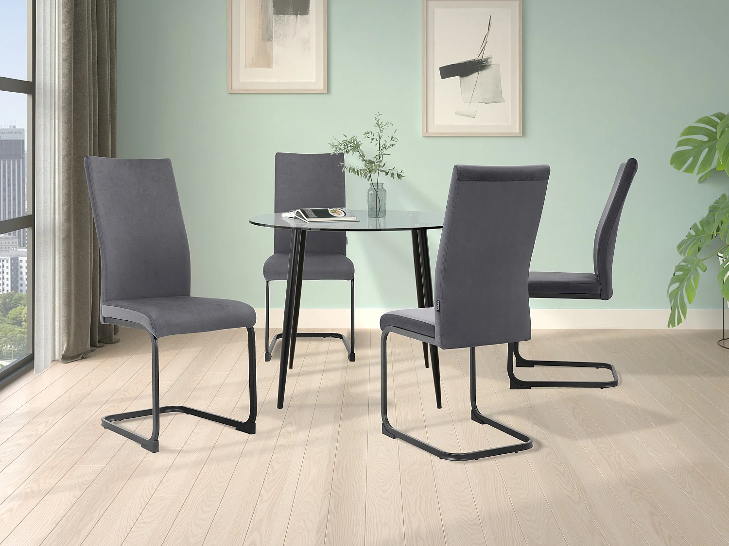 Danny | Ensemble table 100 + 4 chaises en velours anthracite