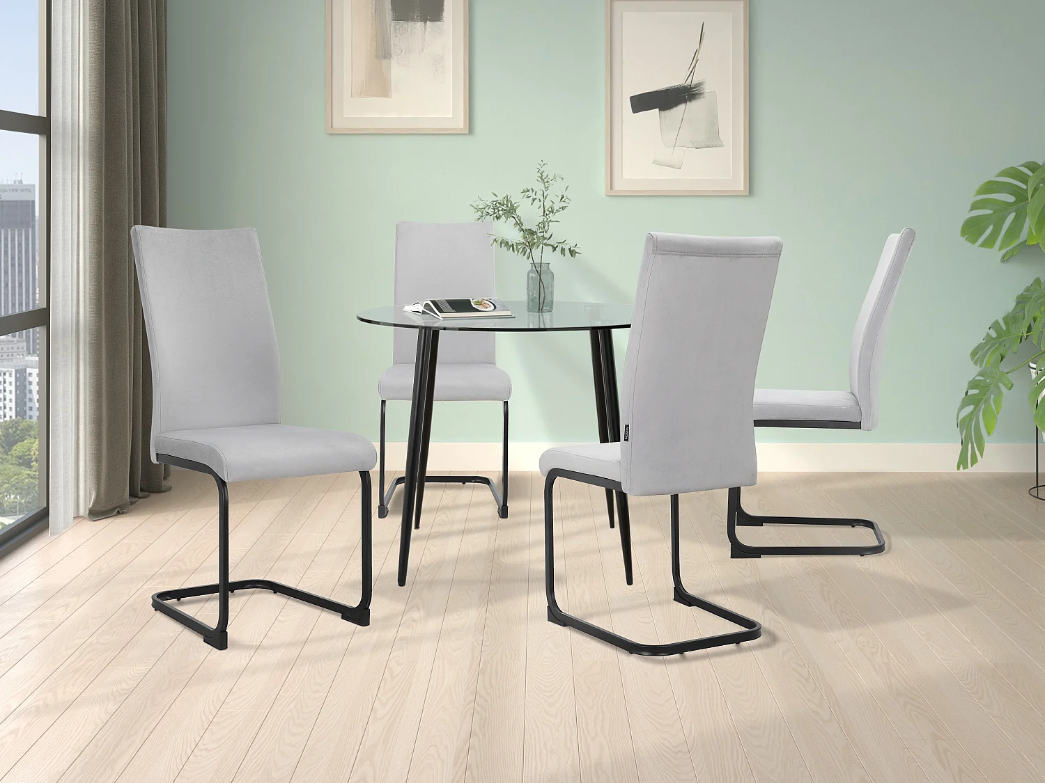 Danny | Ensemble table 100 + 4 chaises en velours gris