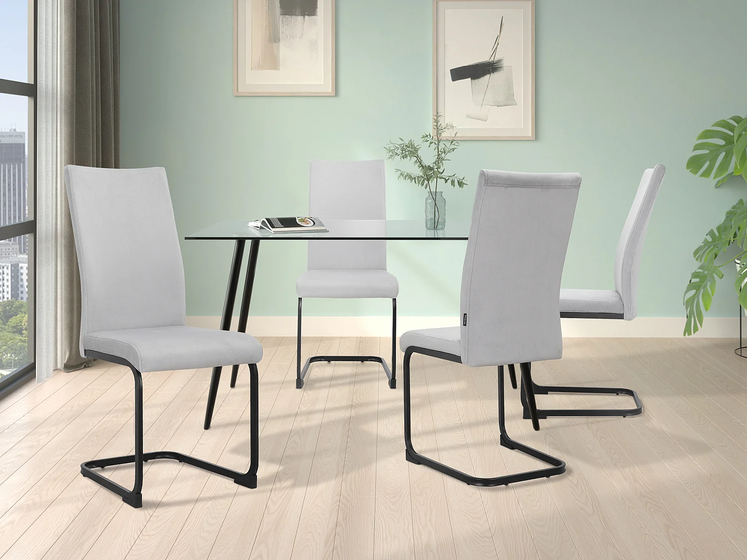 Danny | Ensemble table 140x80 + 4 chaises en velours gris