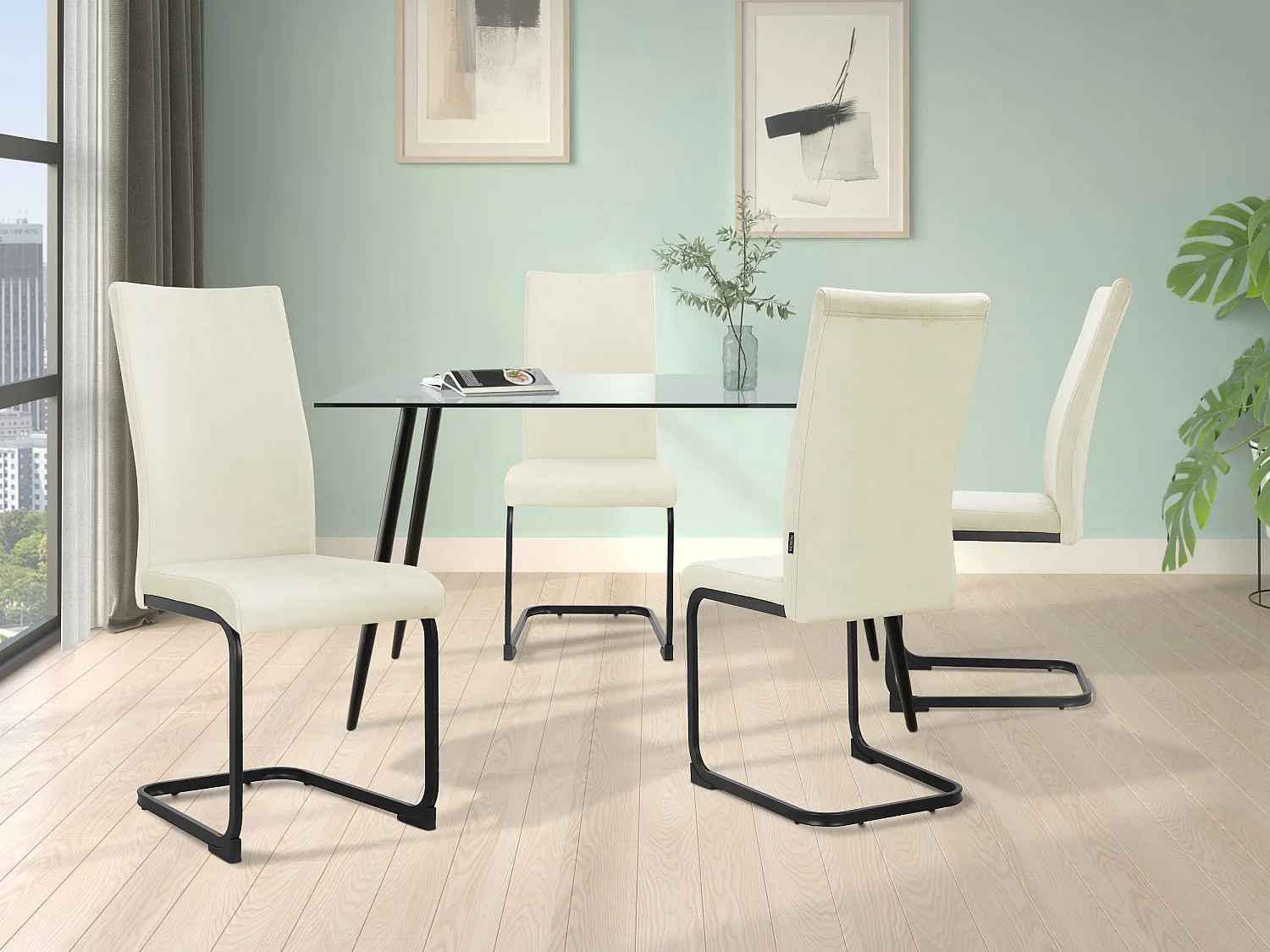 Danny | Set di tavolo da pranzo 140x80 cm e 4 sedie in velluto crema