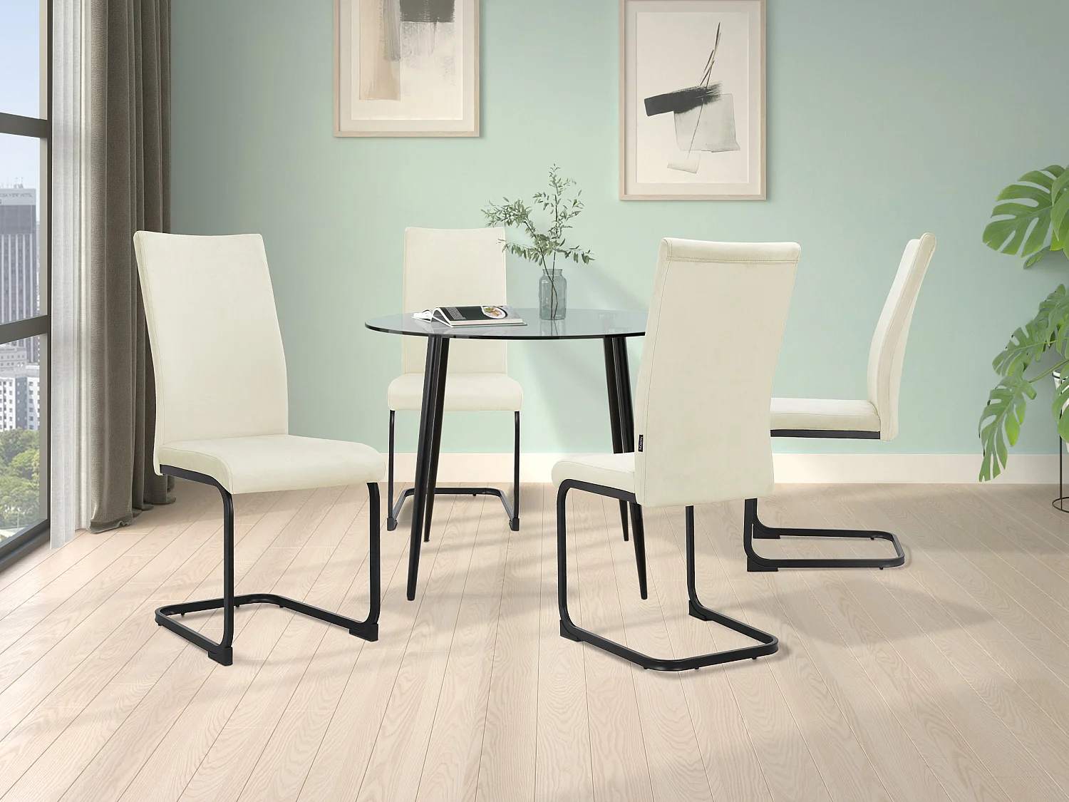 Danny | Conjunto de mesa de comedor 100 cm y 4 Sillas en Terciopelo Crema