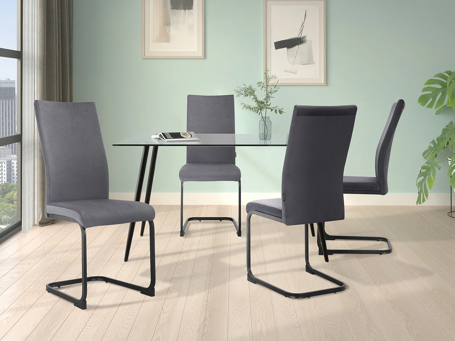 Danny | Ensemble table 140x80 + 4 chaises en velours anthracite