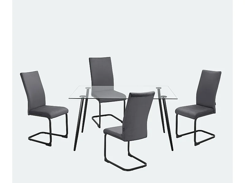 Danny | Set eettafel 140x80 cm en 4 stoelen in fluweel antraciet