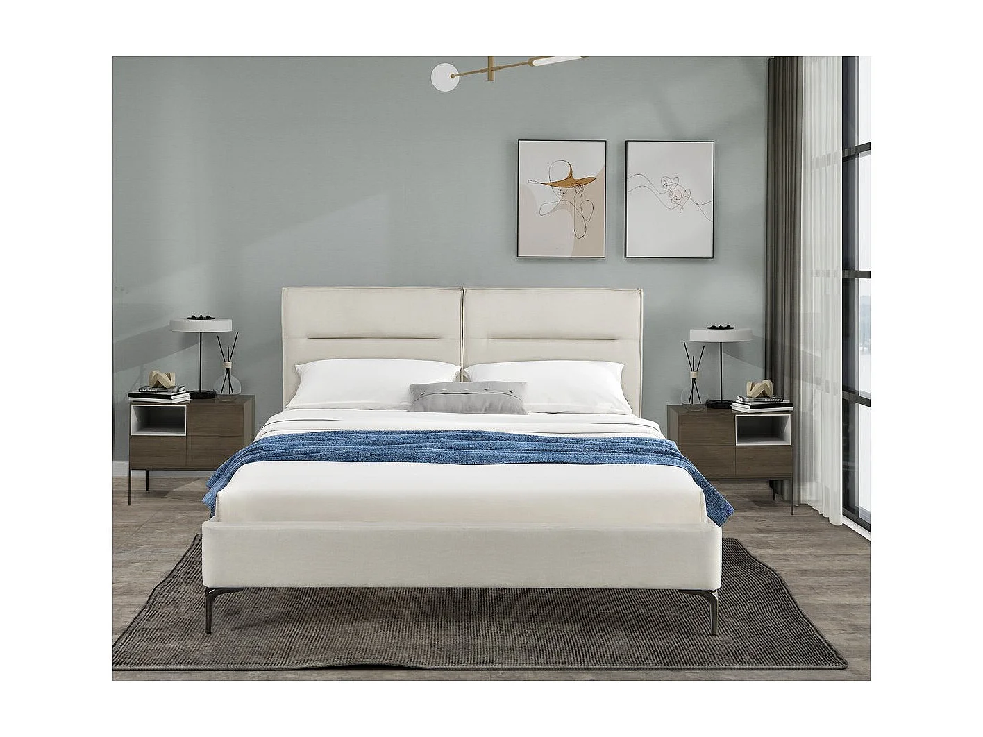 Design tweepersoons stoffen bed "Moritz" - 180 x 200 cm - Beige, inclusief lattenbodem