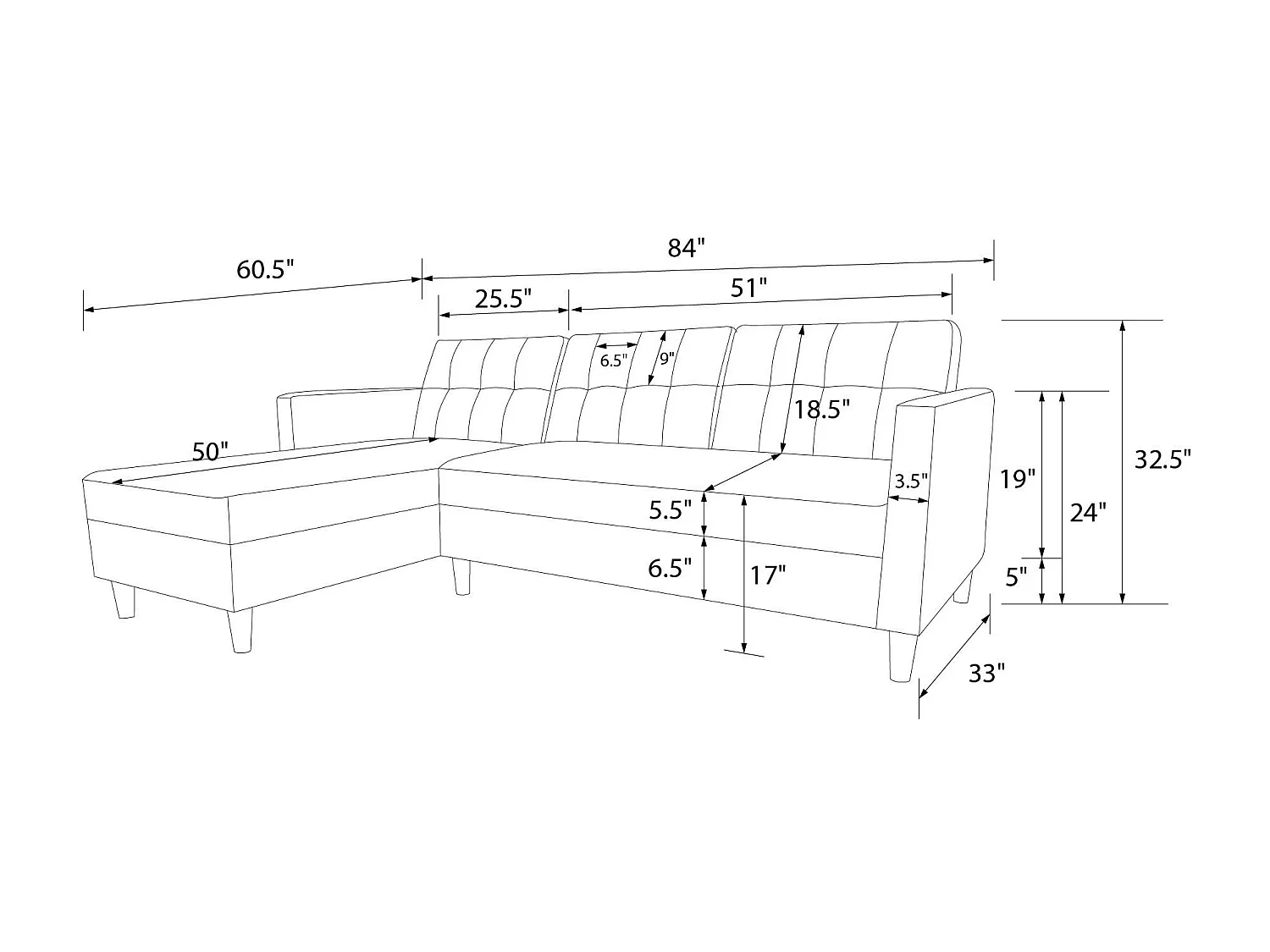 Sofá 3 plazas con chaise longue en imitación piel negro