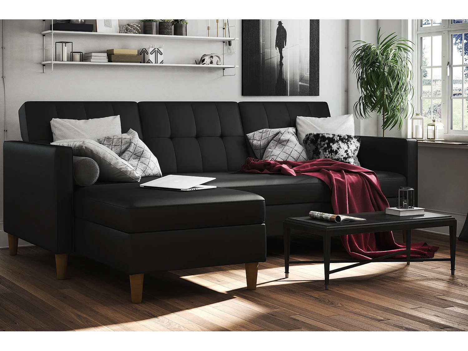 Sofá 3 plazas con chaise longue en imitación piel negro