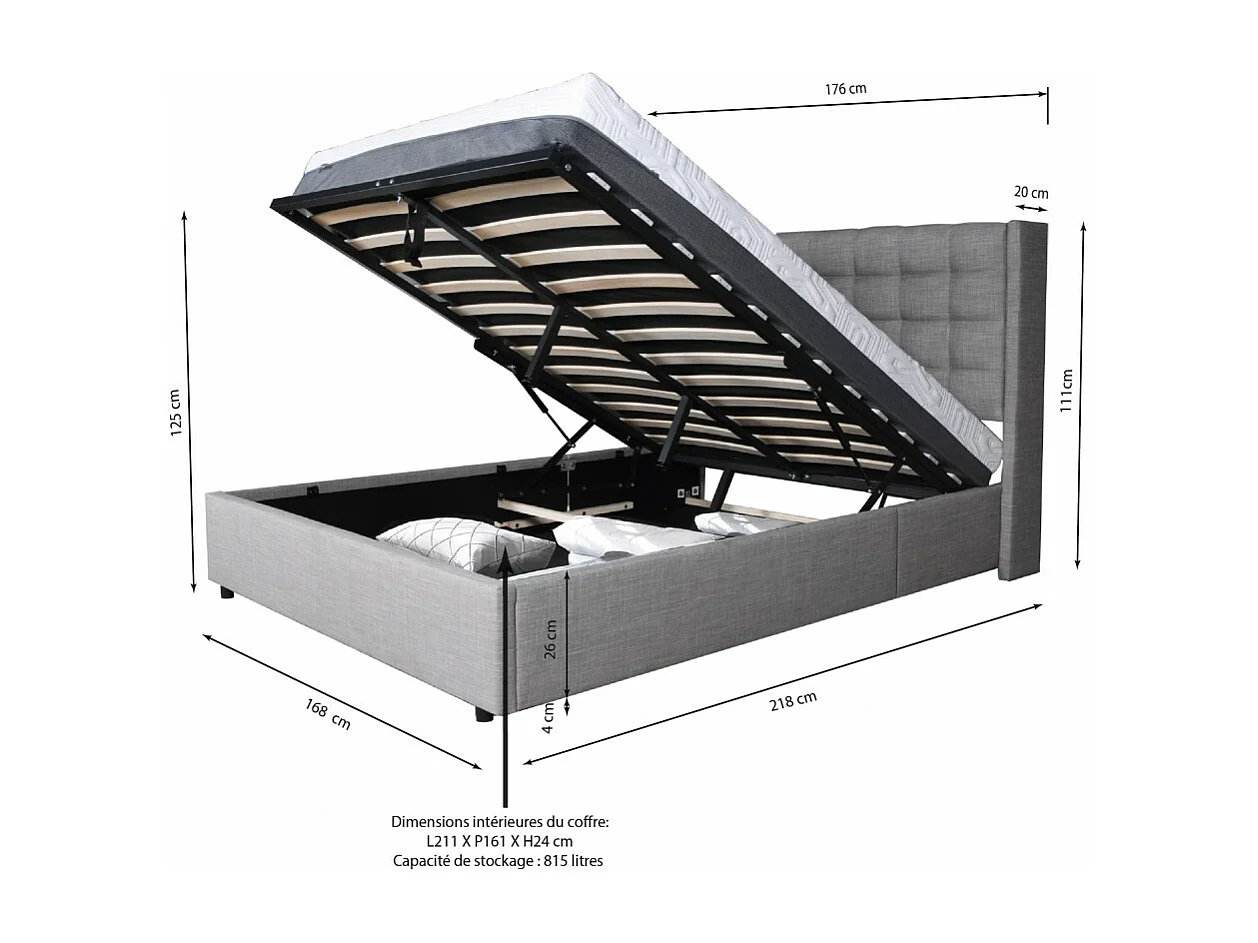 Lit coffre WEMBLEY 160x200 + 1 sommier / Gris clair