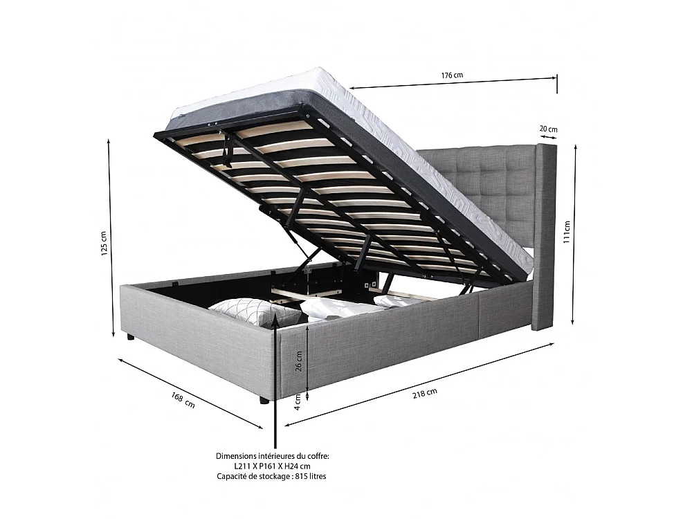 Lit coffre WEMBLEY 160x200 + 1 sommier / Gris clair