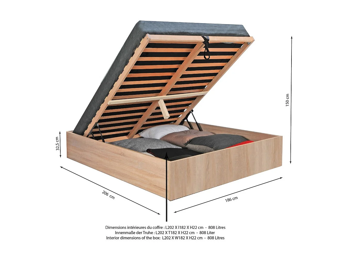 Lit coffre BILBAO 180x200 cm + sommier / Décor chêne blanchi