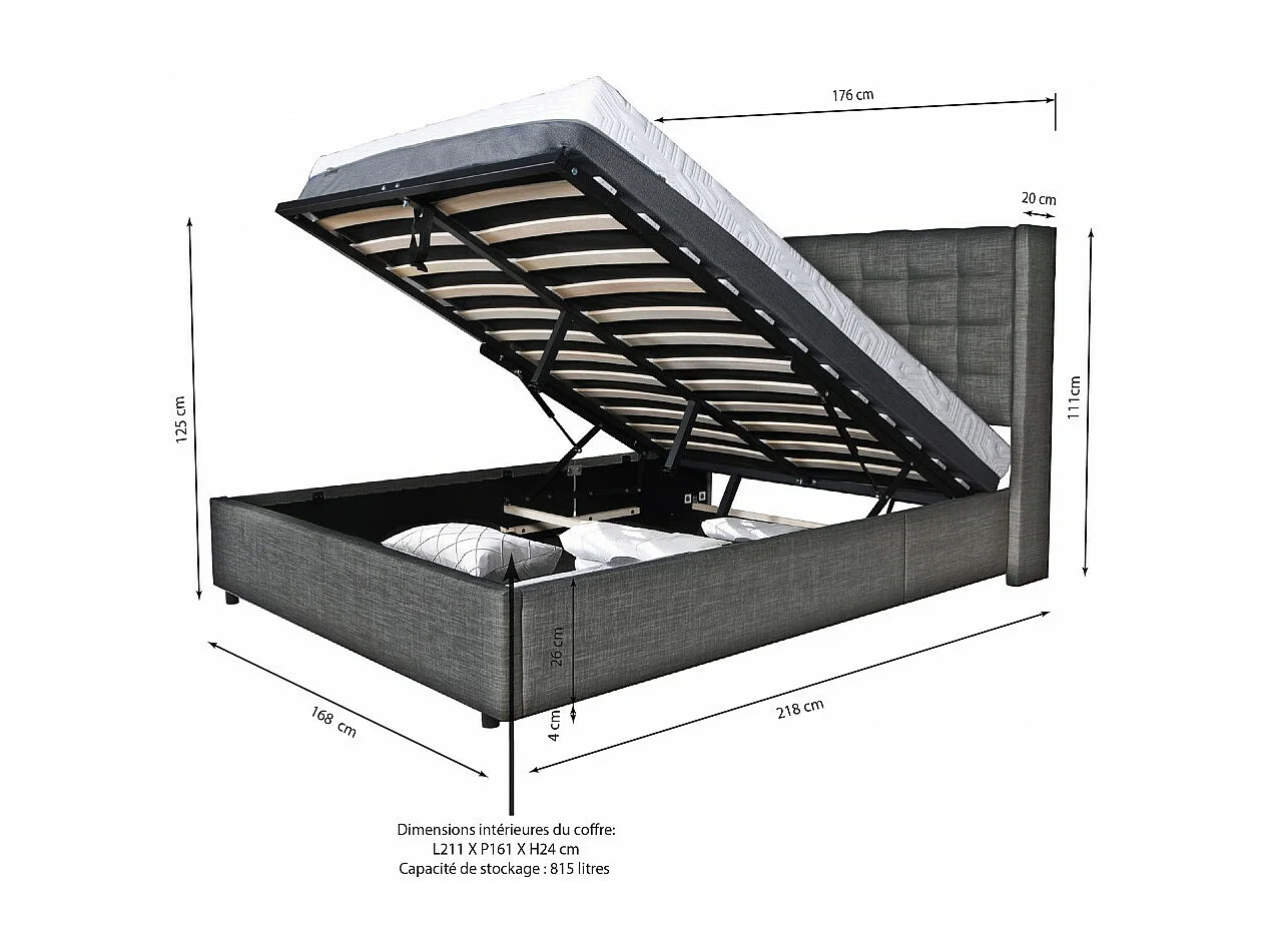 Lit coffre WEMBLEY 160x200 + 1 sommier / Gris foncé