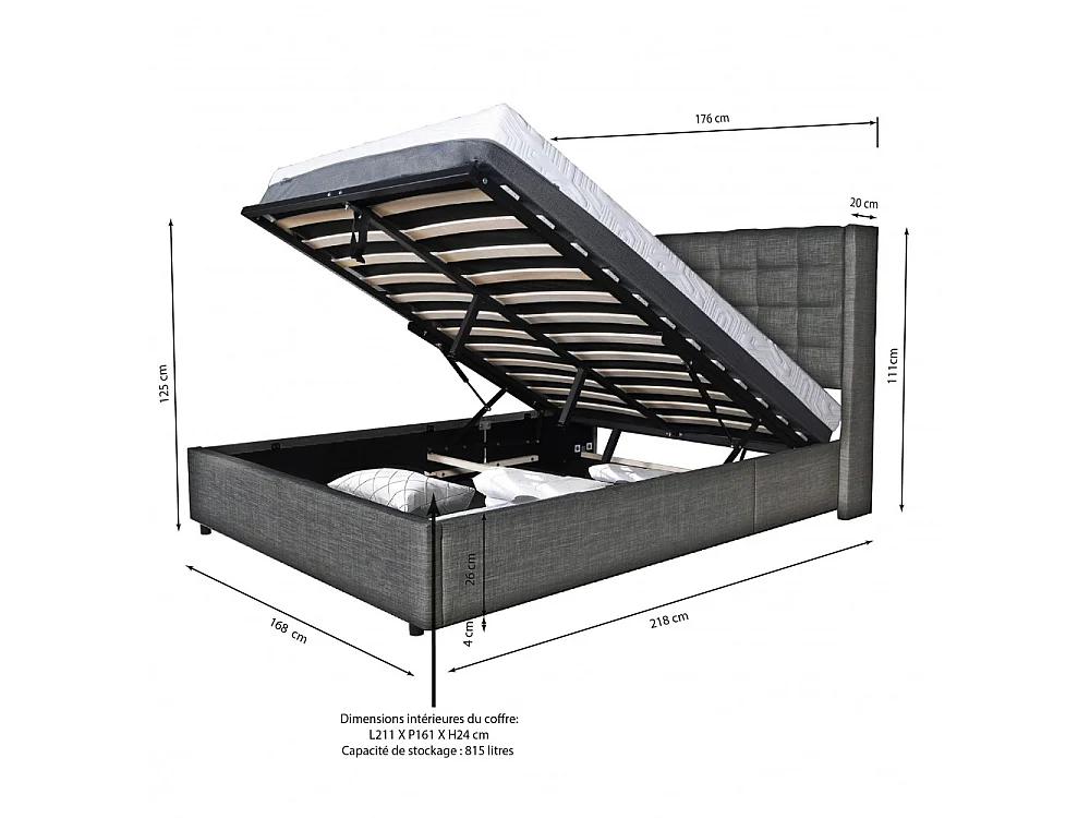 Lit coffre WEMBLEY 160x200 + 1 sommier / Gris foncé