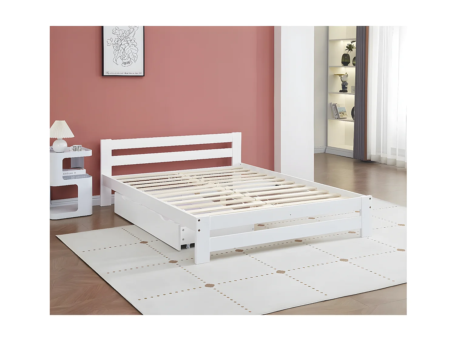 Cama de casal em madeira "Lola" com gaveta de arrumação - Branco - 140 x 190 cm