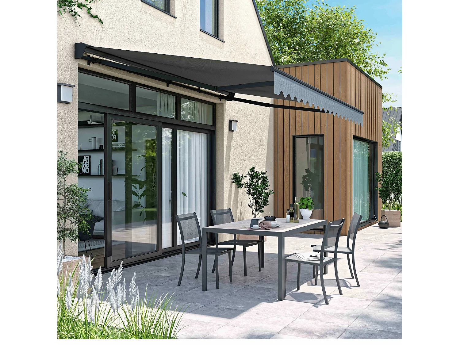 Elektrische zonnescherm van 4x3m in antraciet aluminium