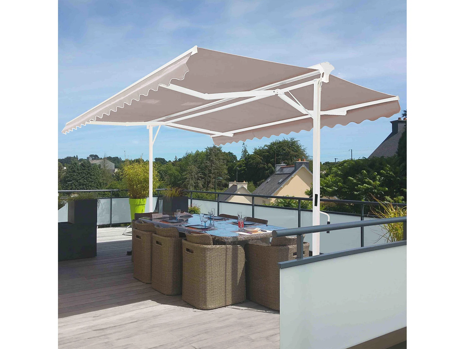 Winkel dubbele helling 3x3m in crèmekleurig aluminium