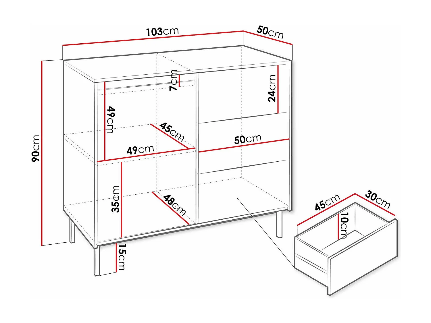 Cómoda Comfivo Delruva 100, Com gavetas e portas, 9x10x5cm