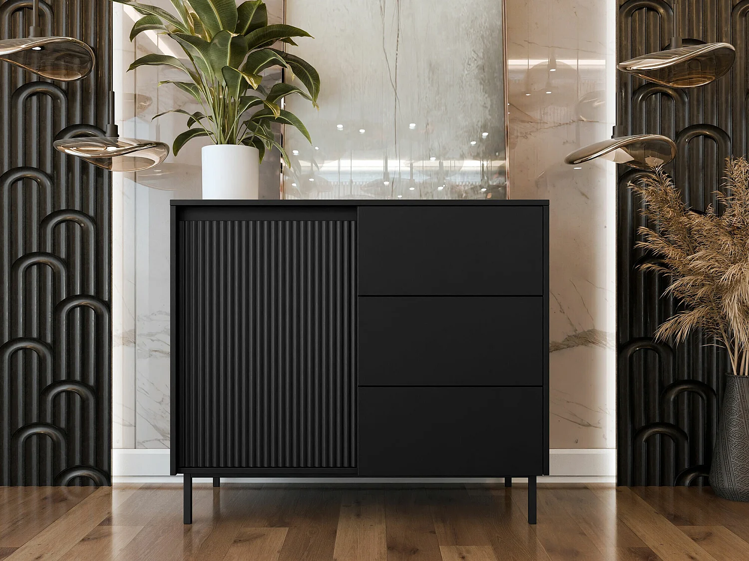 Cassettiera Comfivo Delruva 100, Nero, Con cassetti e ante, 90x103x50cm