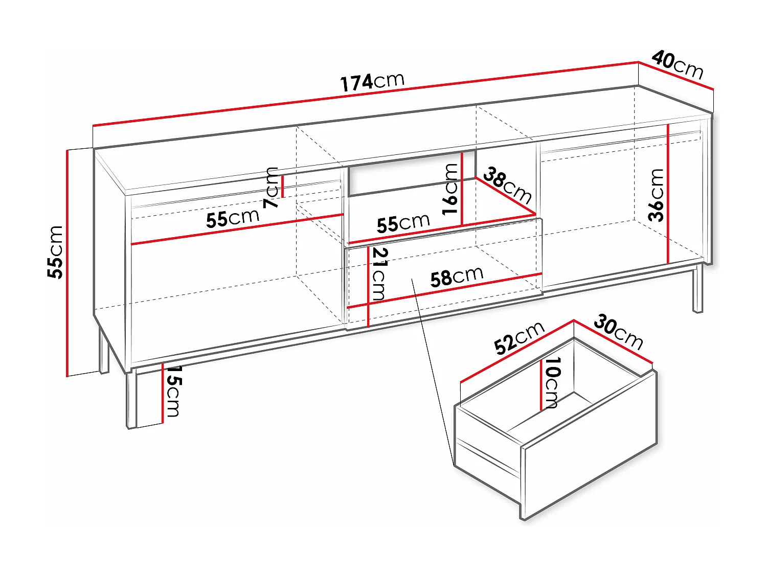 Mueble TV Comfivo T103, Negro, 174x55x40cm