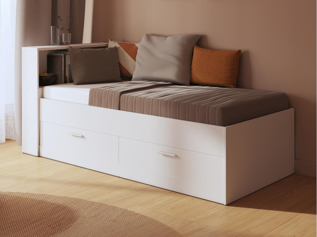 Lit 90 x 190 cm avec tiroirs et rangements - Coloris : Blanc + Sommier - BORIS II