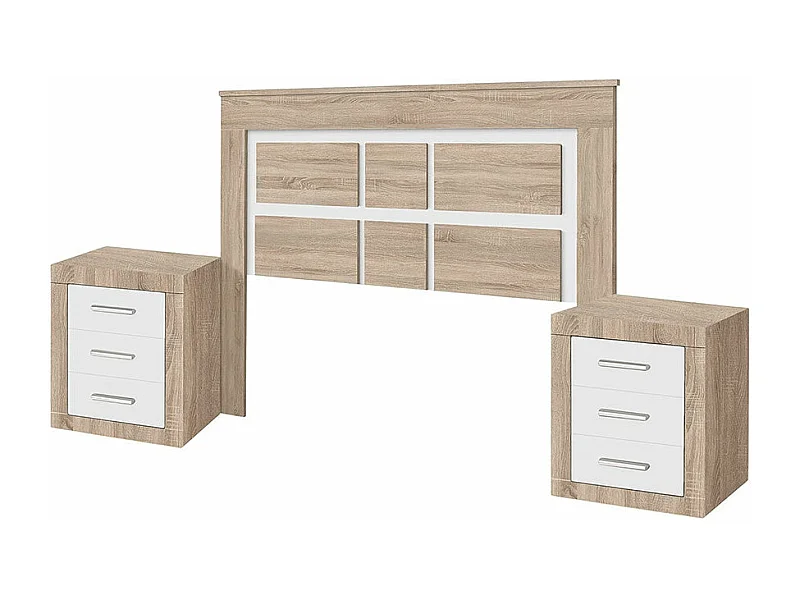 Cabeceira de Casal Kiara + 2 Mesas de Cabeceira, Carvalho e Branco