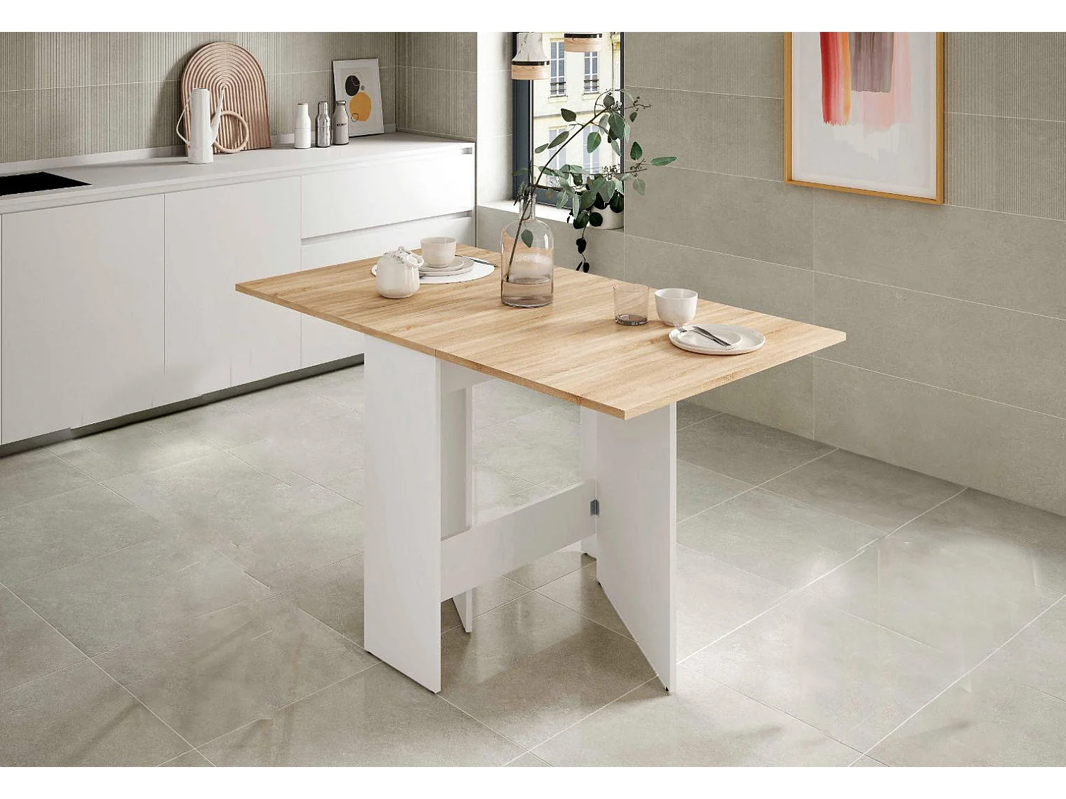 Mesa Auxiliar Suecia con Alas Abatibles 140cm. Comedor o Cocina Blanco y Cambria