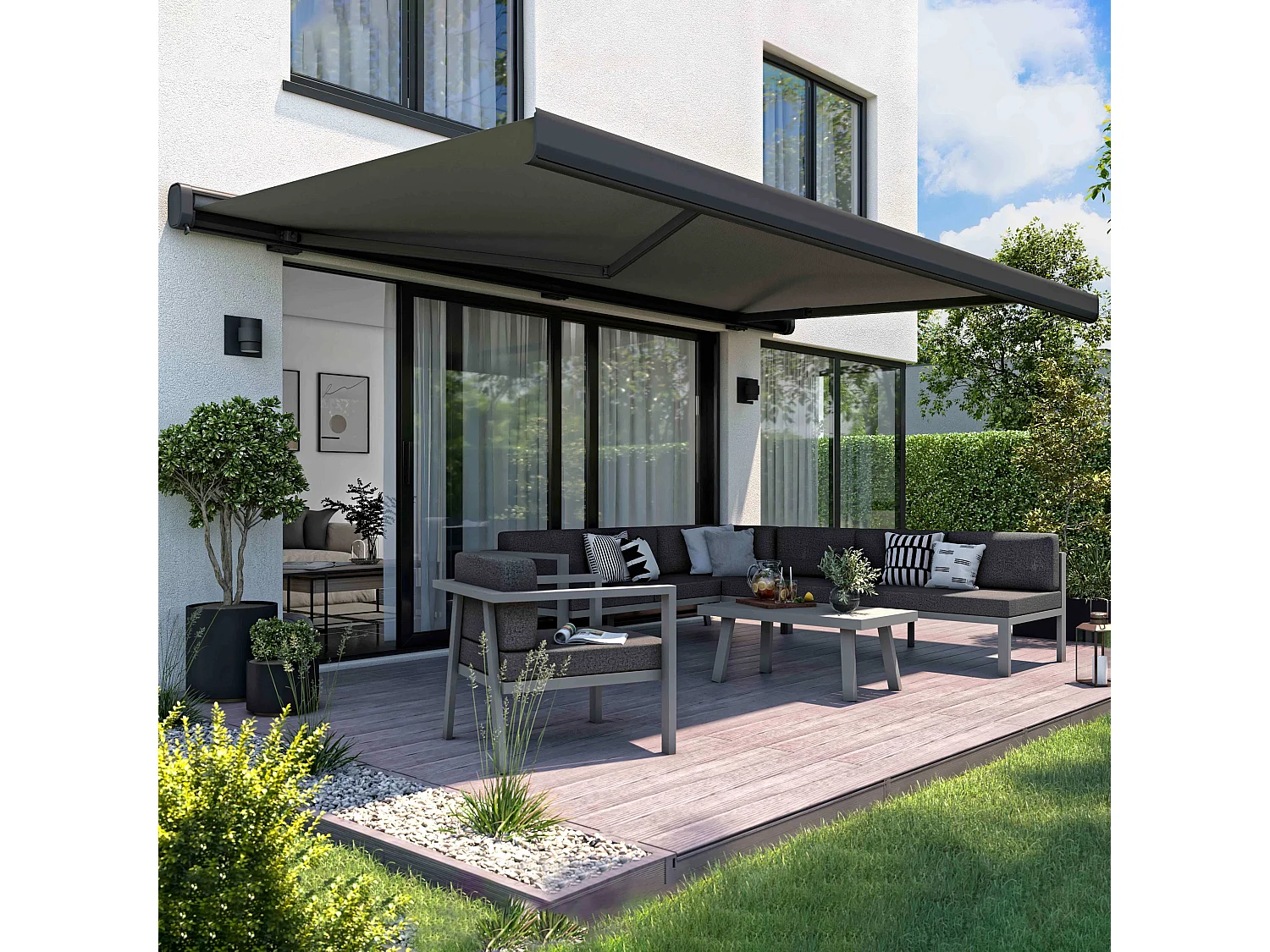 Store banne electrique gris +led coffre 5x3m aluminium noir