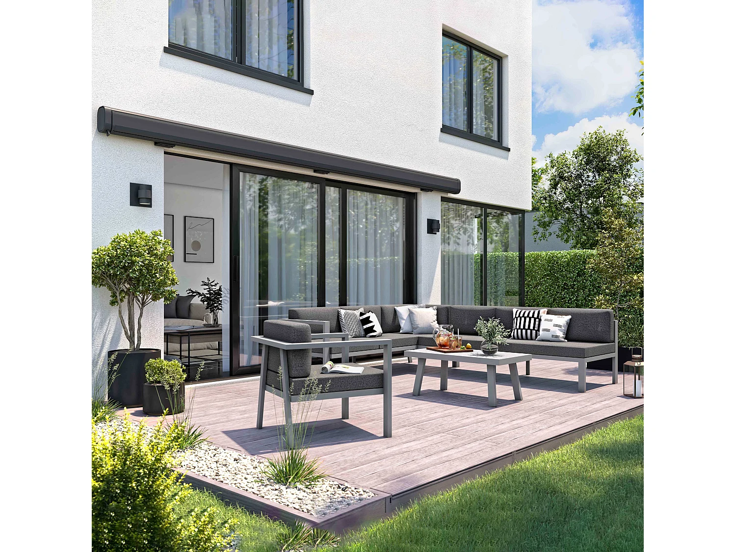 Store banne electrique gris +led coffre 5x3m aluminium noir