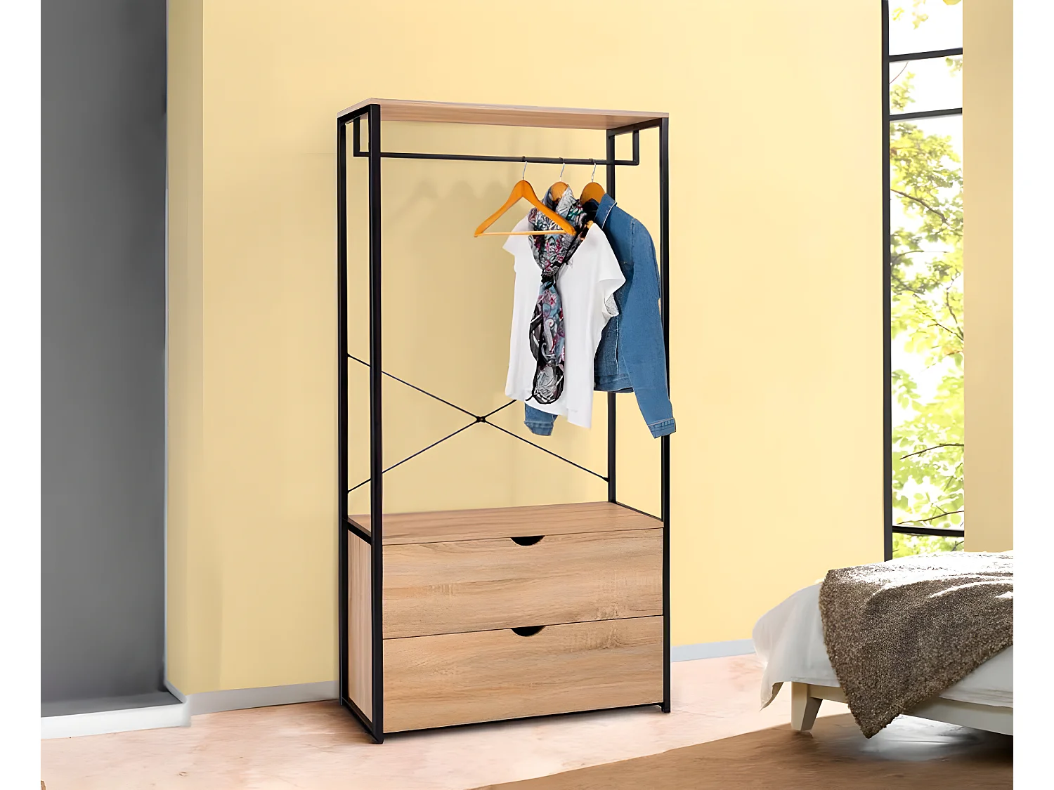 Armario Vestidor de Dormitorio Industrial Ega, 2 Cajones Negro 166x78x38 cm