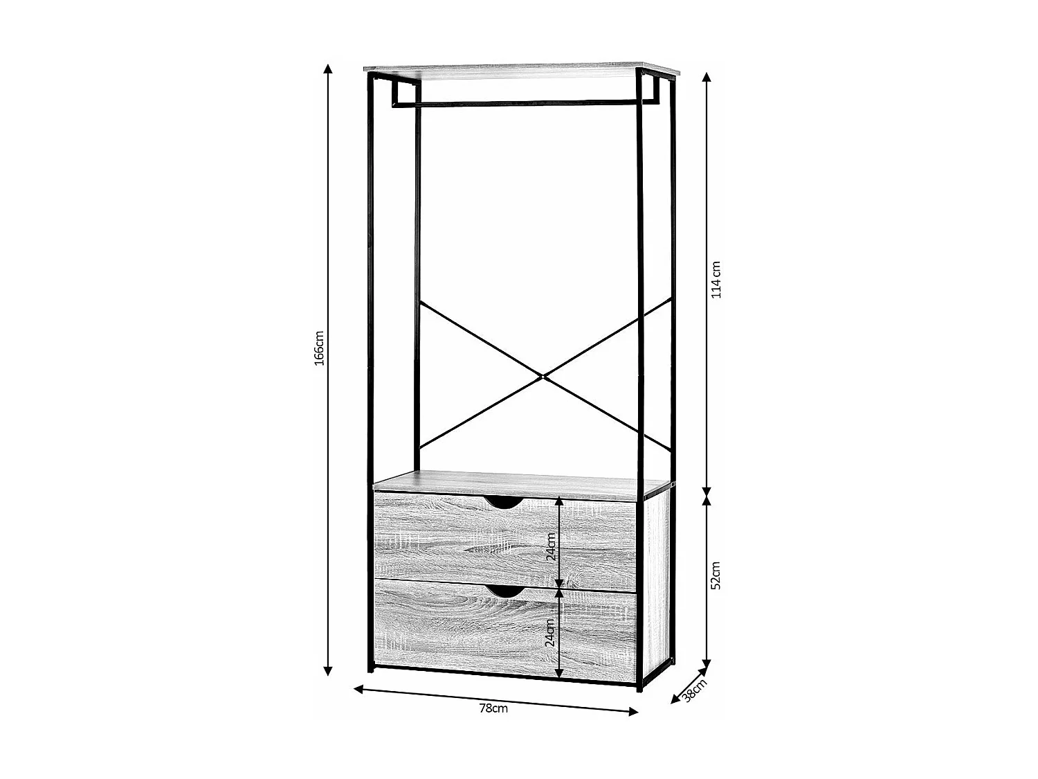 Armario Vestidor de Dormitorio Industrial Ega, 2 Cajones Negro 166x78x38 cm