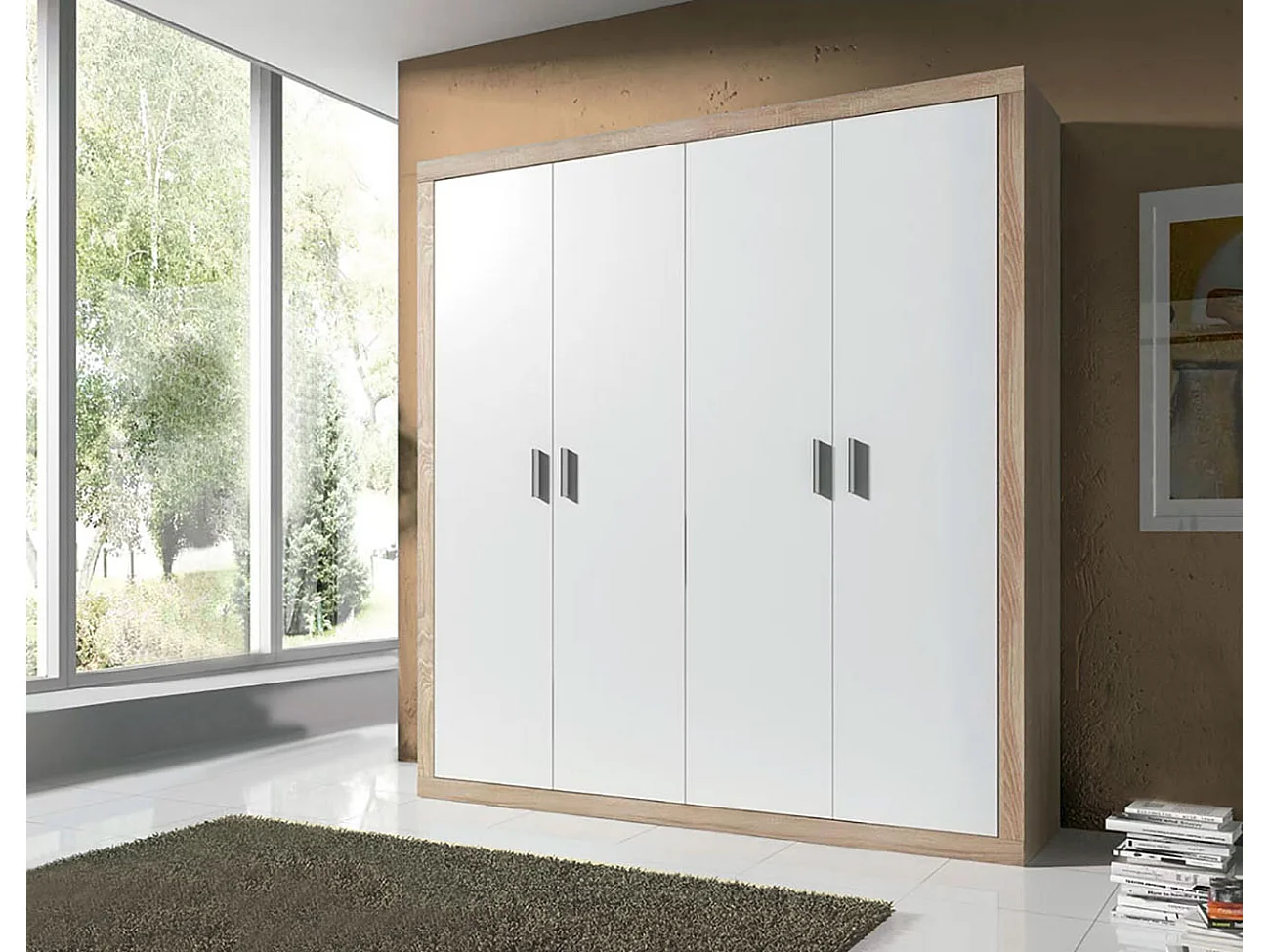 Roupeiro 4 Portas Kiara, Carvalho e Branco 210x196x48cm