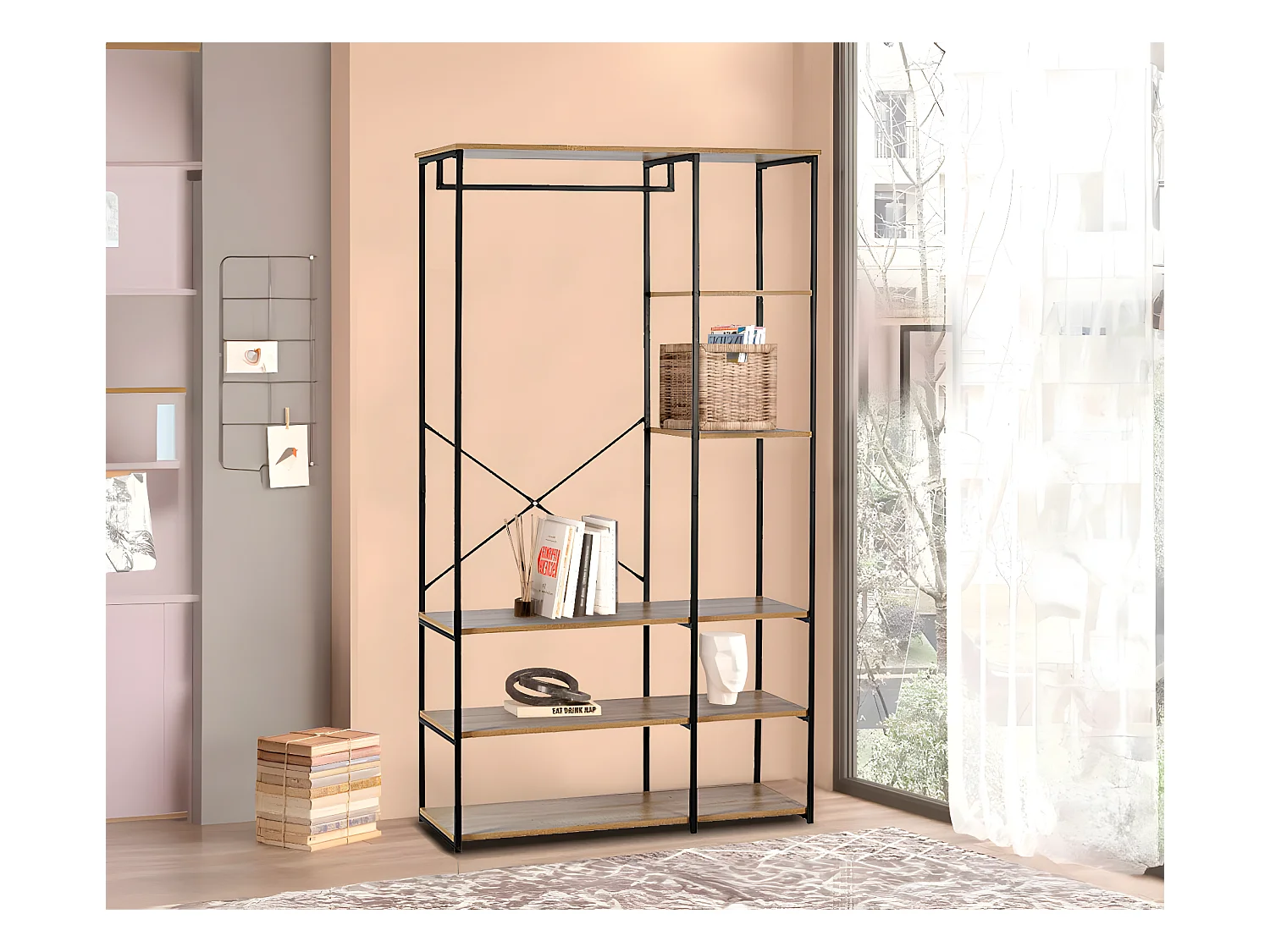 Armario Vestidor con Estanteria Sil, Estilo Industrial Negro 167x89x38 cm