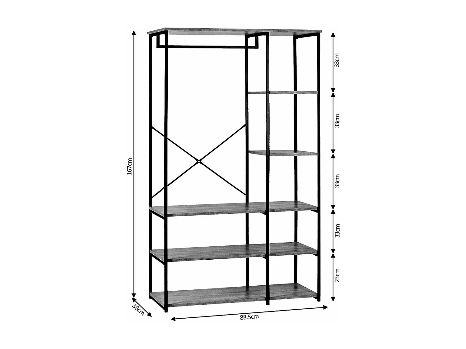 Armario Vestidor con Estanteria Sil, Estilo Industrial Negro 167x89x38 cm