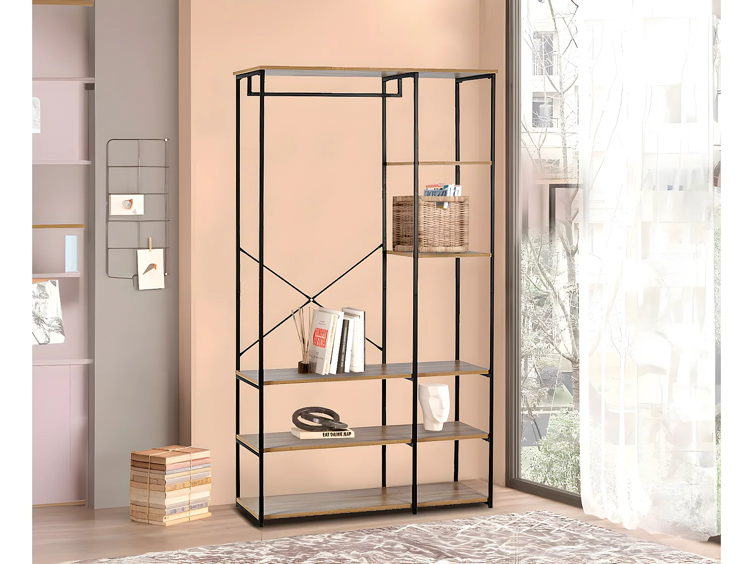 Armario Vestidor con Estanteria Sil, Estilo Industrial Negro 167x89x38 cm