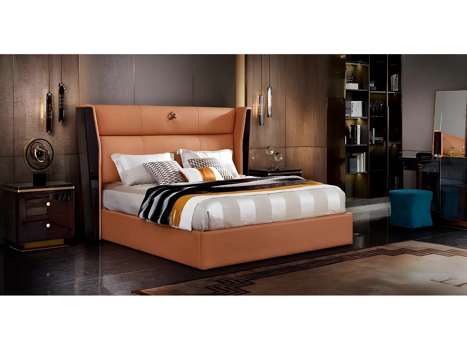 Bett Leder Orange Schlafzimmer Kreative Modern Design Möbel Holz