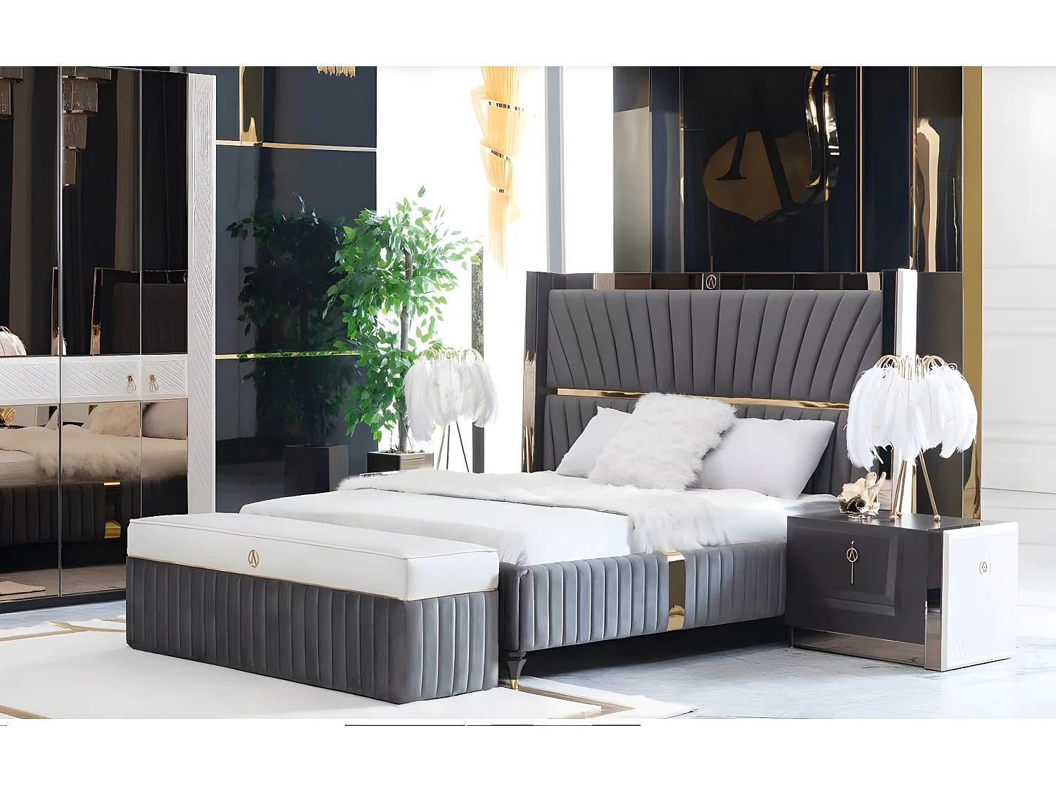 Betten Holz Bettrahmen Grau Möbel Bett Doppelbetten Modernes (1-tlg., Bett)