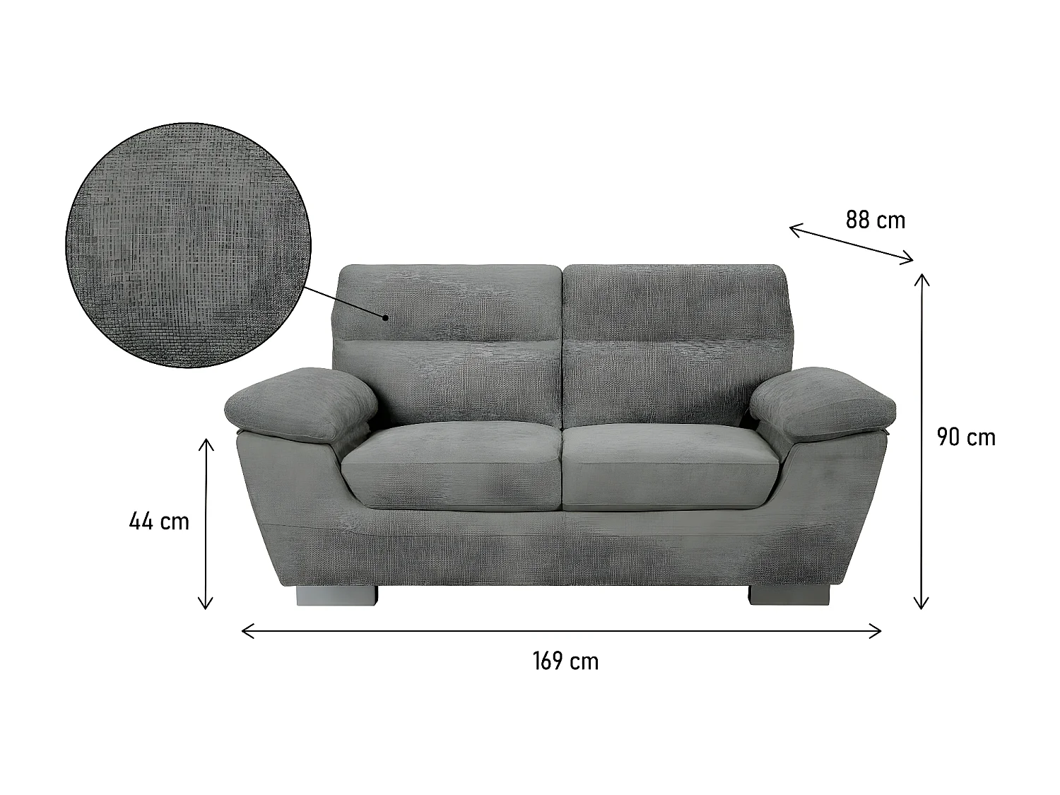 Divano fisso in tessuto "Dallas" - 169 x 88 x 90 cm - 2 posti - Grigio