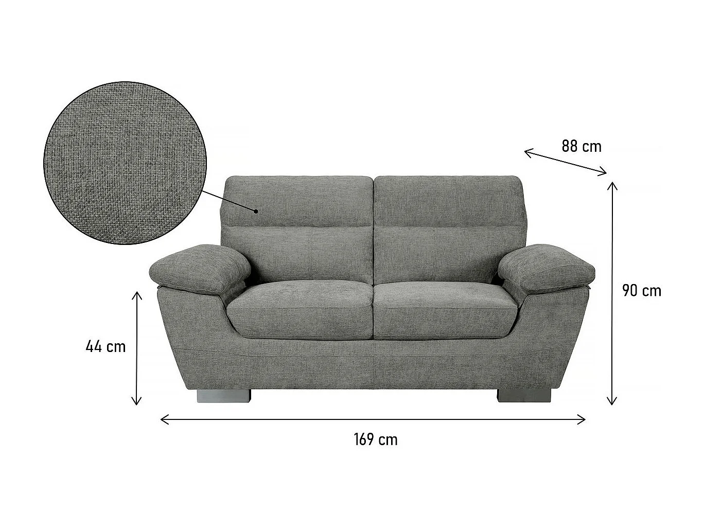 Canapé fixe en tissu "Dallas" - 169 x 88 x 90 cm - 2 places - Gris