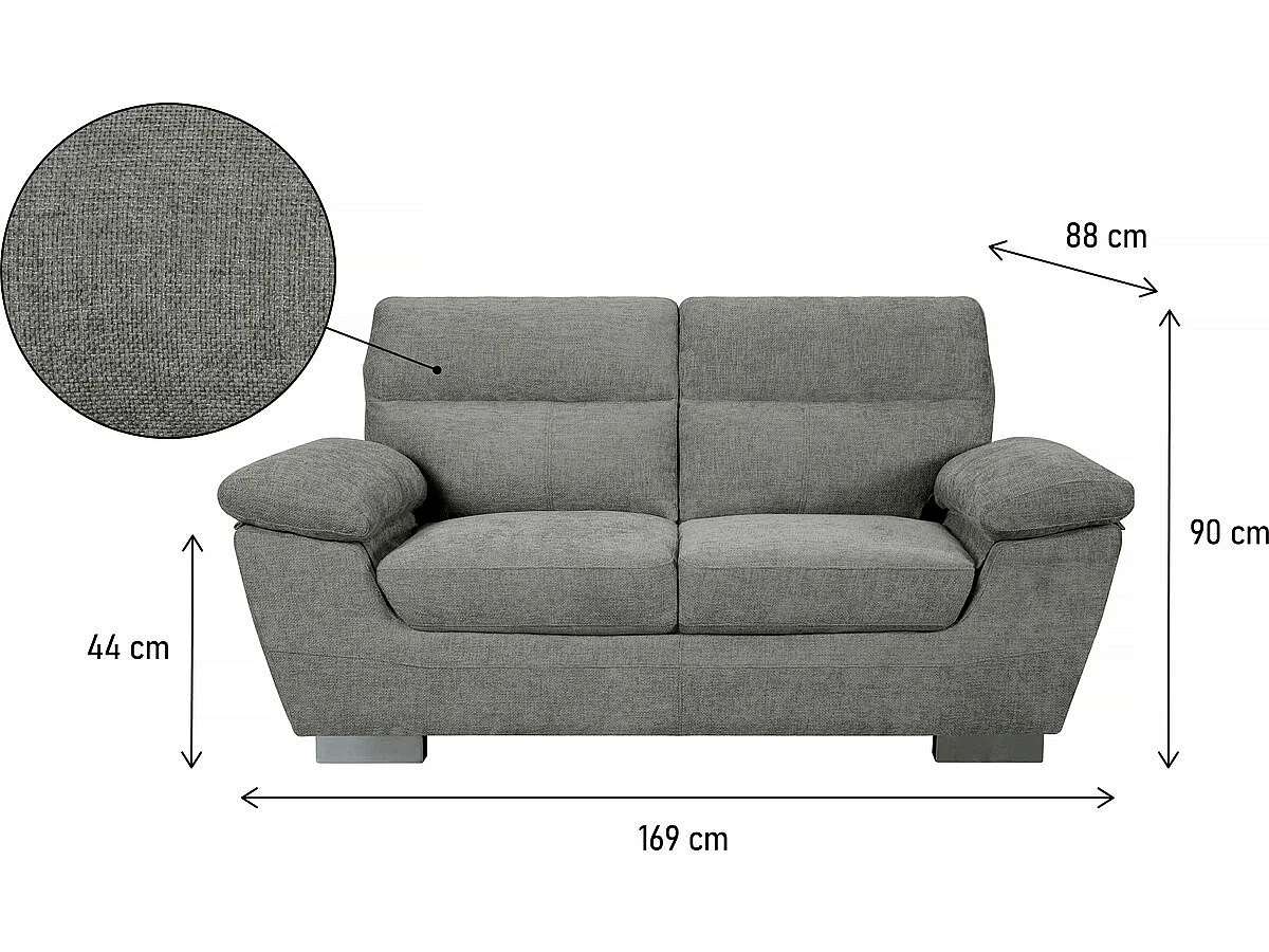 Bank bankstel stoffen meubel "Dallas" - 169 x 88 x 90 cm - 2 zits - Grijs
