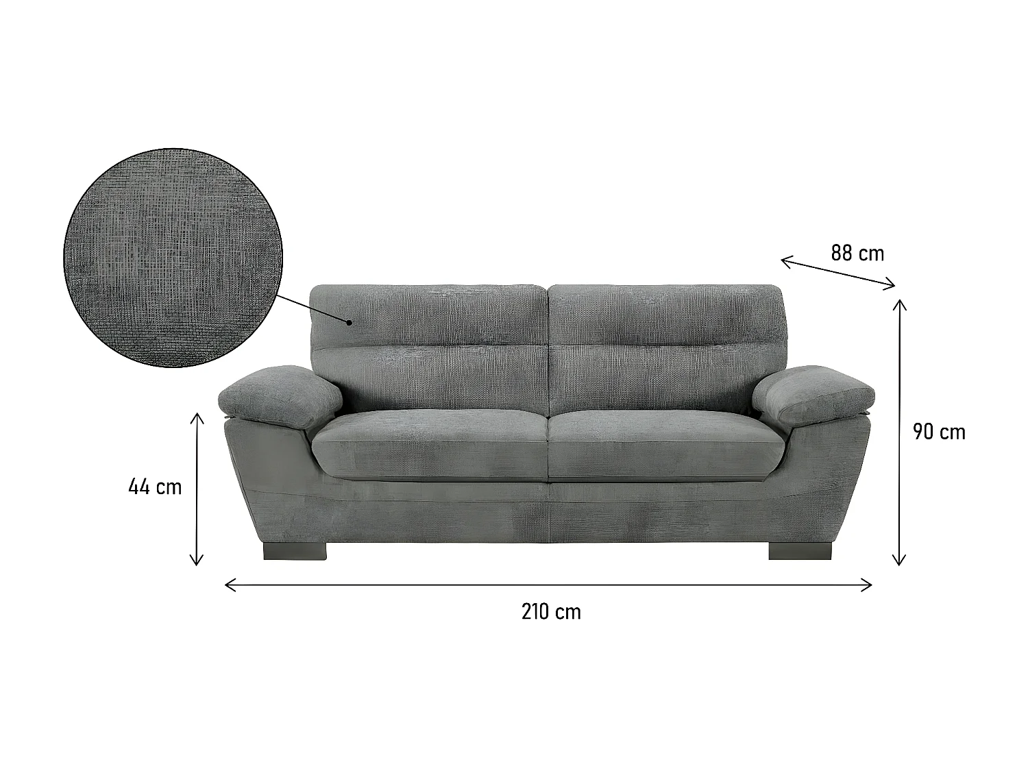 Bank bankstel stoffen meubel "Dallas" - 210 X 88 X 90 cm - 3 zits - Grijs