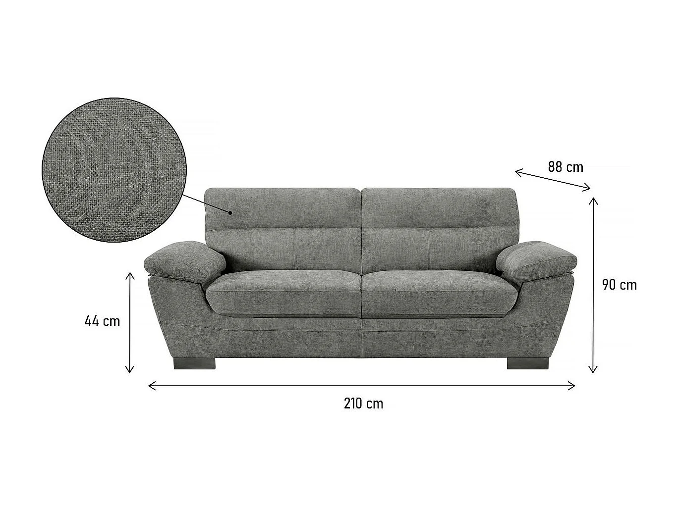 Canapé fixe en tissu "Dallas" - 210 X 88 X 90 cm - 3 places - Gris