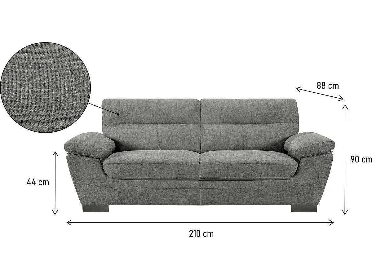 Bank bankstel stoffen meubel "Dallas" - 210 X 88 X 90 cm - 3 zits - Grijs