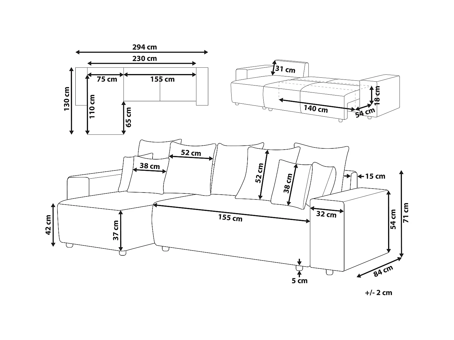 Hoekslaapbank LUSPA Stof Taupe met opbergruimte 3-zitter Rechterzijde