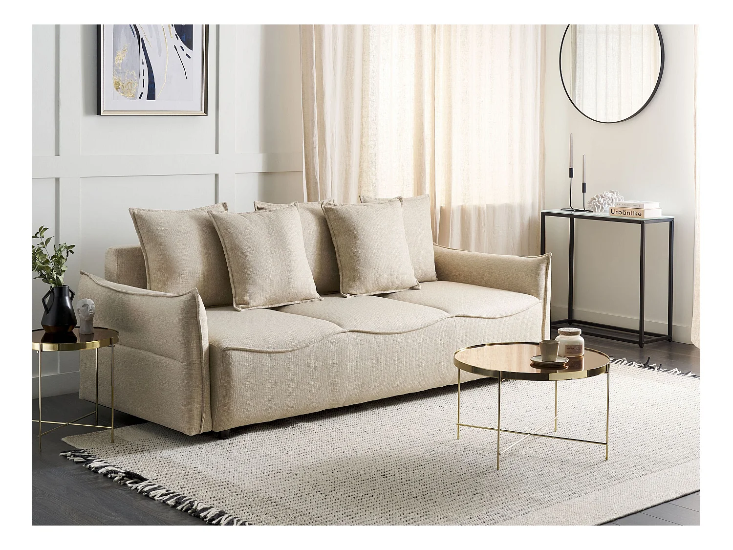 Canapé-lit 3 places KRAMA Tissu Beige avec rangement