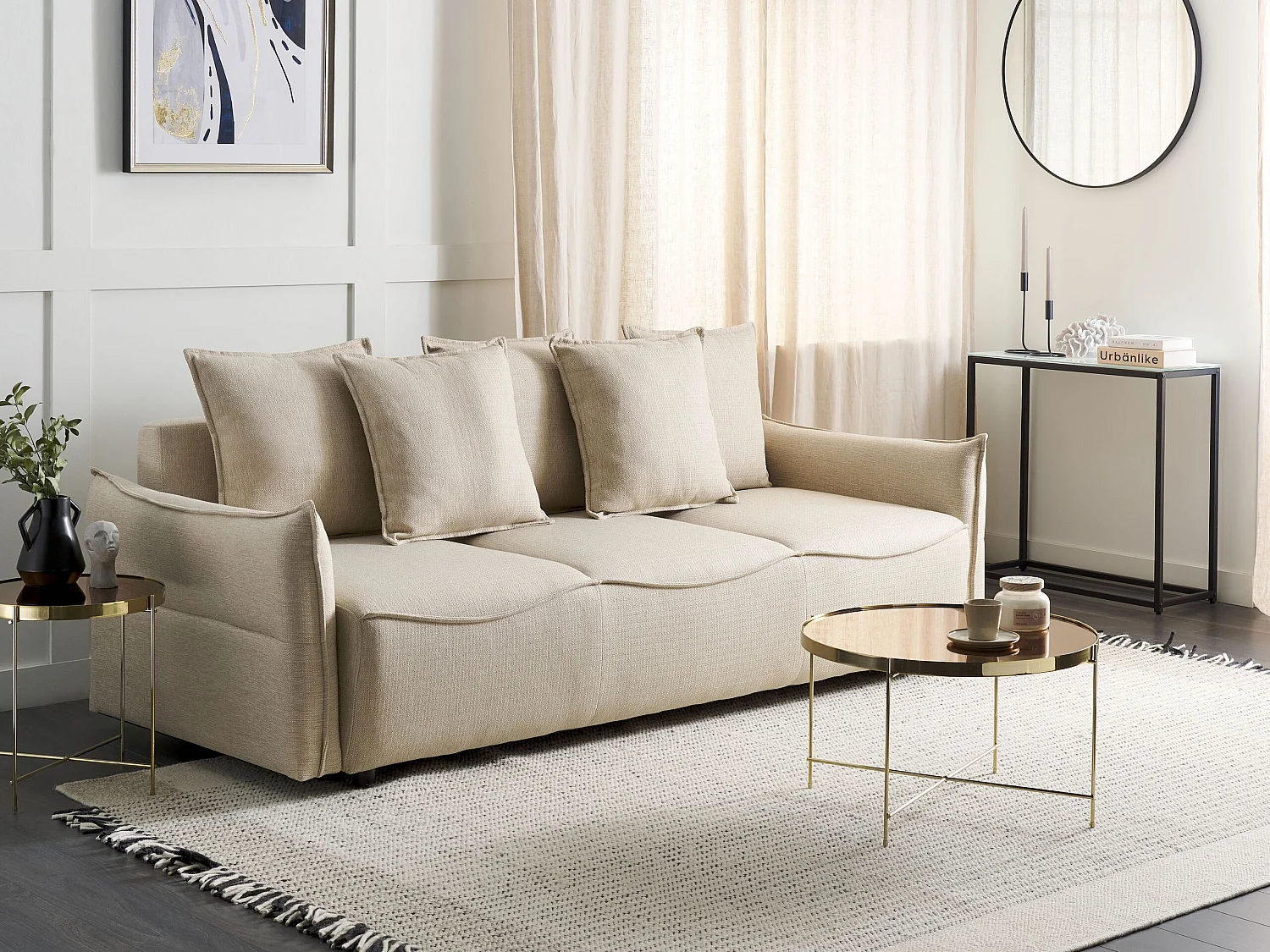 Canapé-lit 3 places KRAMA Tissu Beige avec rangement