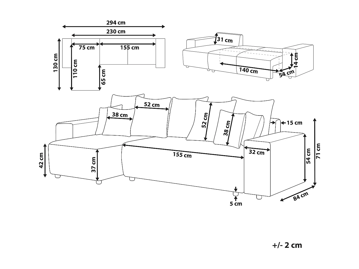 3-Sitzer Ecksofa Cord grau mit Schlaffunktion Stauraum Chaiselongue rechts Luspa