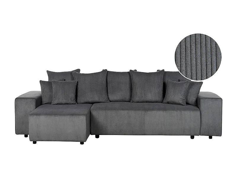 3-Sitzer Ecksofa Cord grau mit Schlaffunktion Stauraum Chaiselongue rechts Luspa