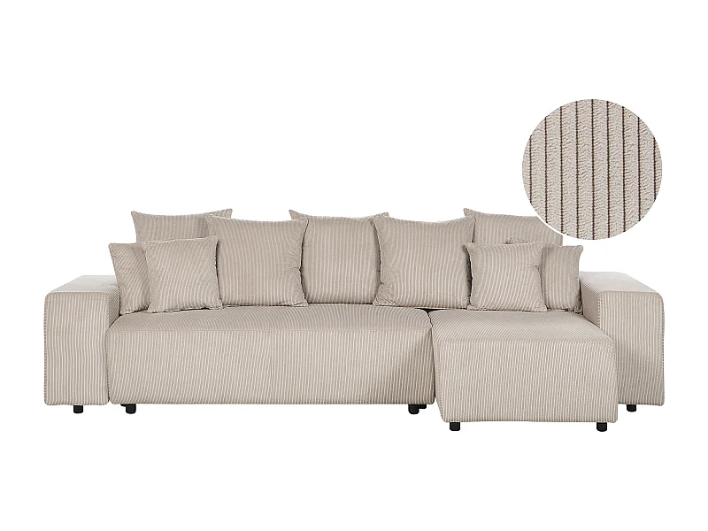 Canapé d'Angle Moderne à droite avec Couchage et Coussins en Velours Côtelé Taupe Luspa